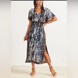 Tiare Hawaii Eden Tie Dyed Boho Dress Medium Blue Brown